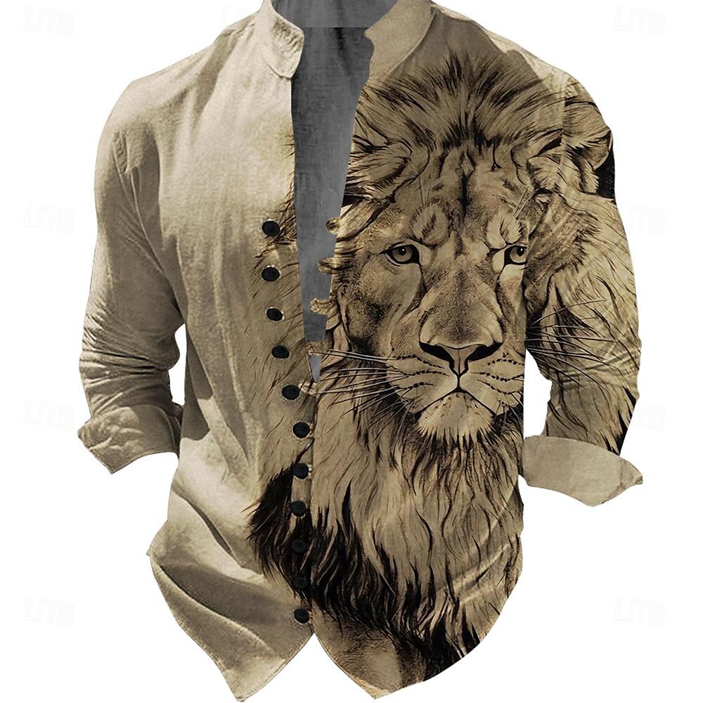 Men's Lion Shirt Button Up Shirt Long Sleeve Vintage Casual Daily Holiday Summer Spring Standing Collar Button Up 3D Print Blue Brown Gray 2025 - $24.99 –P1