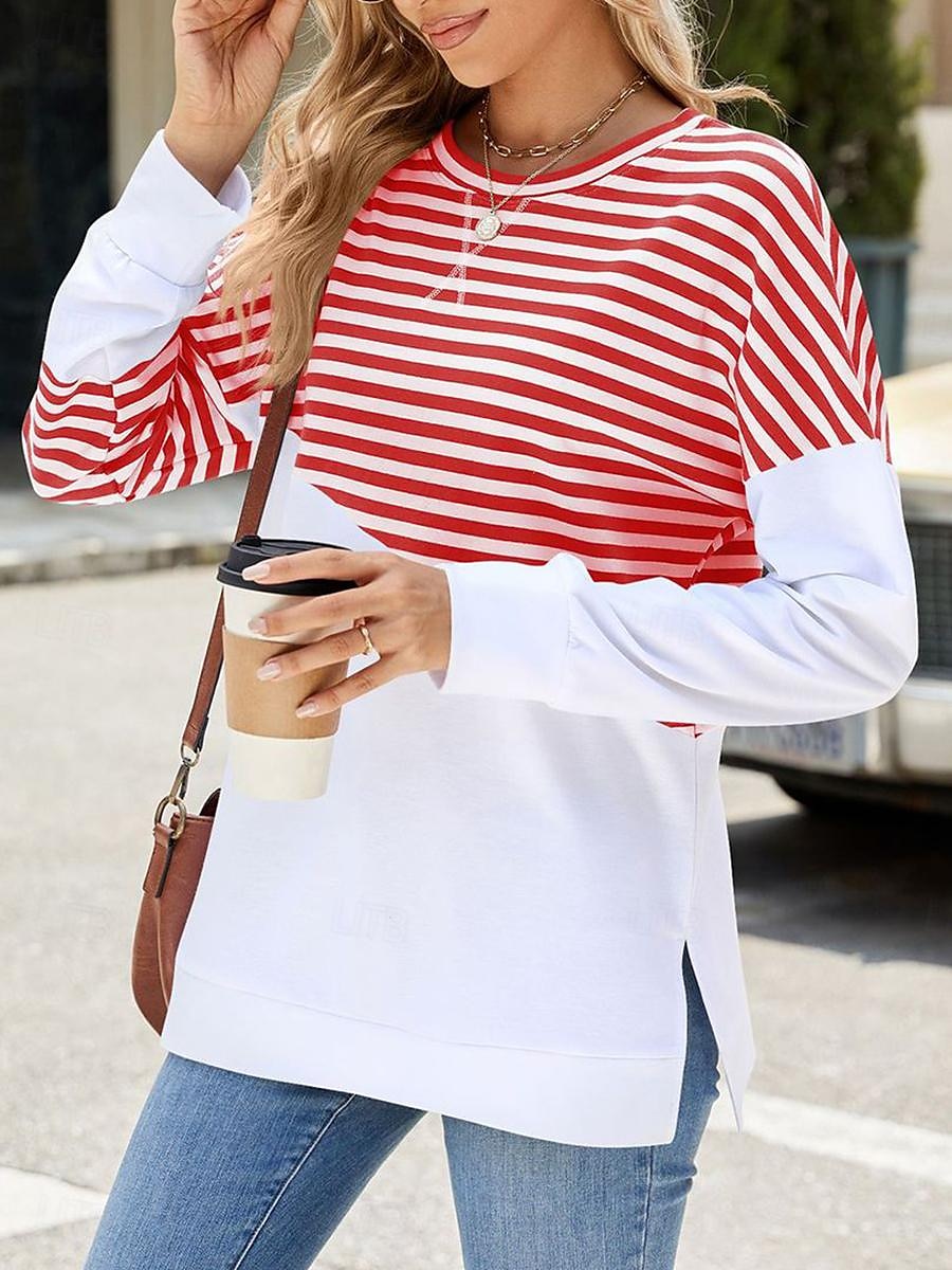 sweat-shirt femme décontracté rayé vêtements de tous les jours col rond imprimé manches longues noir rouge bleu vert printemps automne de 2025 ? $38.99 –P7