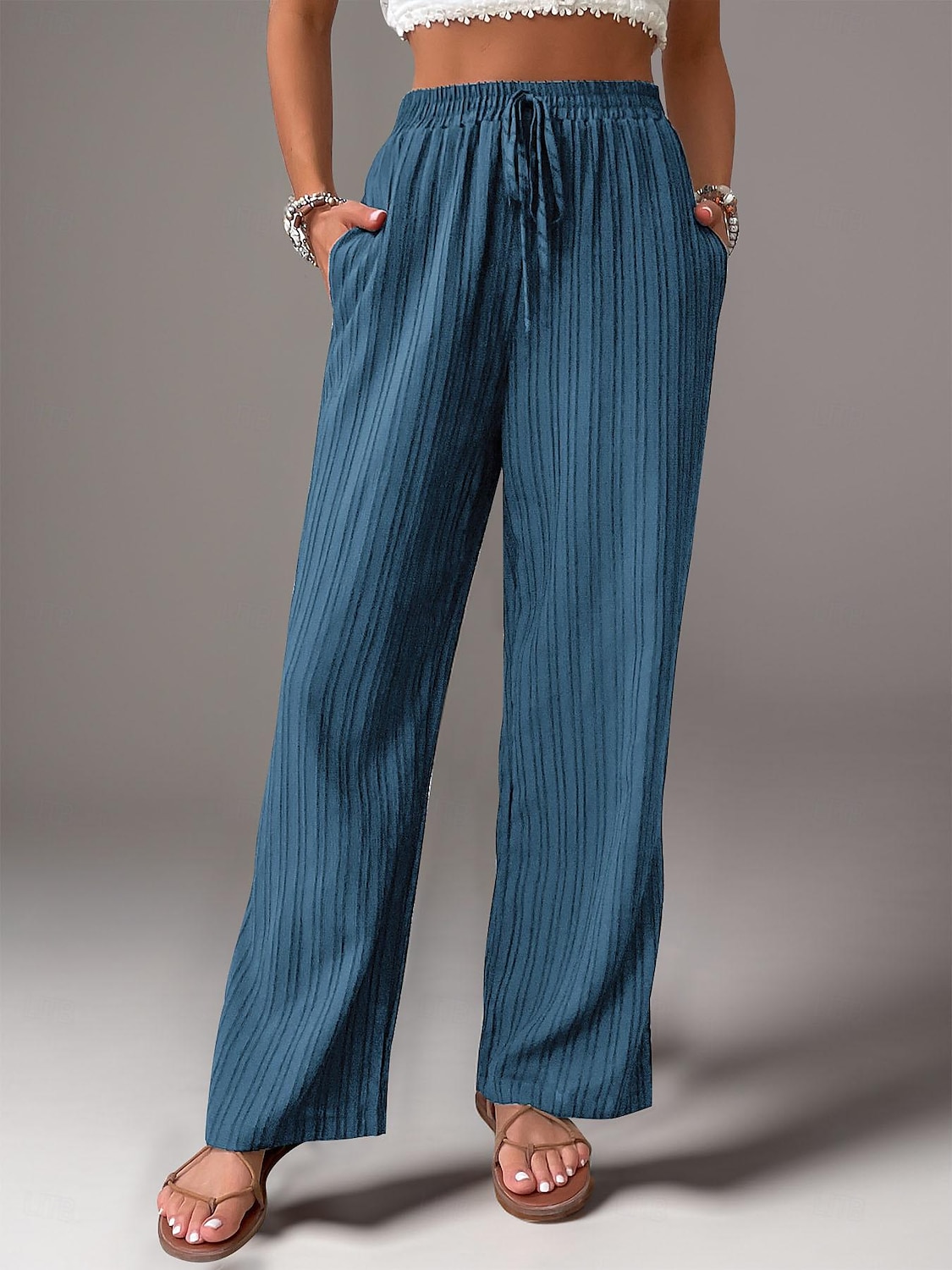 Women's Pants Trousers Fashion Long Plain Side Pockets Elastic Drawstring Design Breathability Comfortable Micro-elastic Casual Daily Black Blue Brown Green Spring & Summer Regular Fit 2025 - $24.99 –P1
