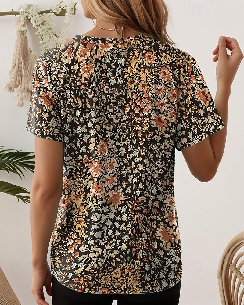 Dame T skjorte Blomstret Stilfull Fritid Kortermet Crew-hals Vanlige topper Daglig Trykt mønster Kakifarget Sommer 2025 - $19.99 –P2