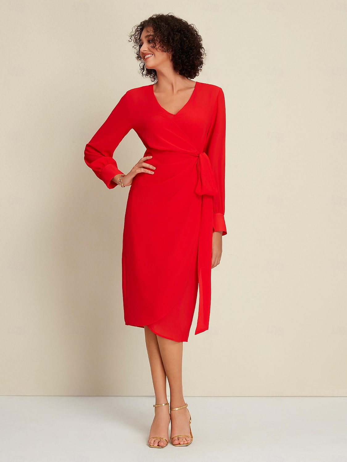 فستان شيفون أحمر سادة لحفلات الزفاف/حفلات الضيوف برباط أمامي ملفوف بأكمام طويلة طقم فستان لإبهار 2024 2025 - $97.99 –P2