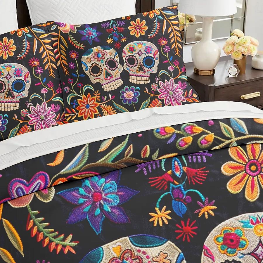 zestaw poszewek na kołdrę w kwiaty na Halloween - zawiera poszwę na kołdrę i poszewki na poduszki - upiorny i świąteczny design - miękki i wygodny materiał - idealny do wystroju domu na Halloween 2025 - $41.99 –P1