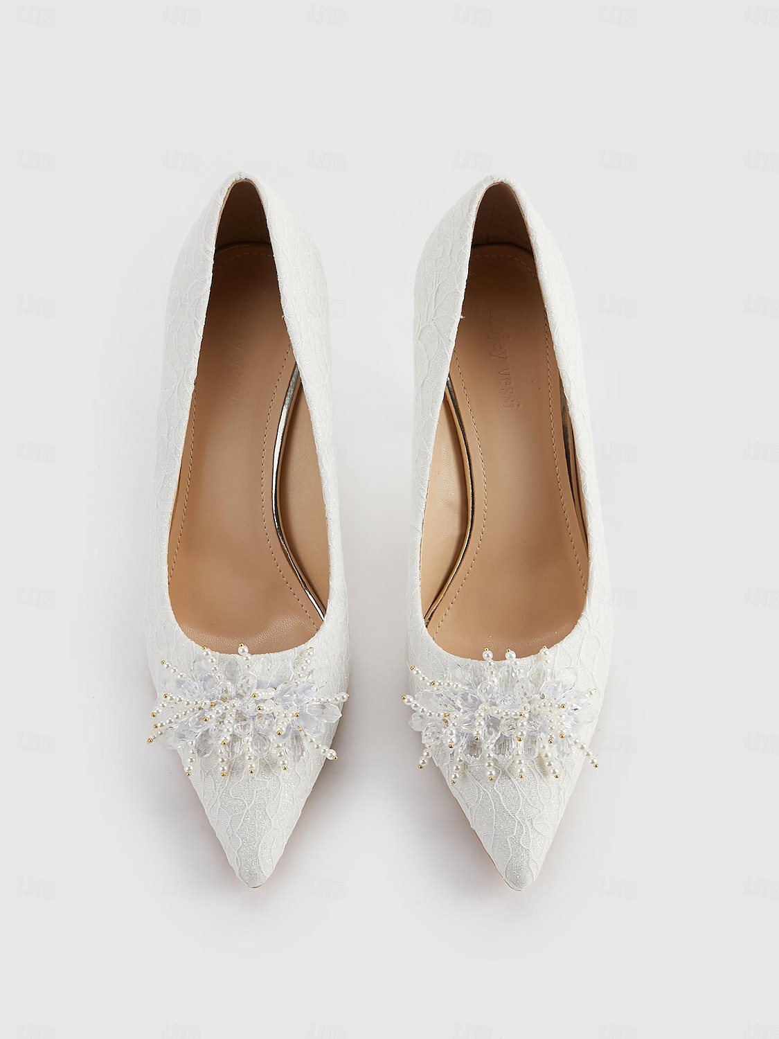 kvinners elegante hvite blonder høyhælte pumps med perler av blomsterapplikasjoner for bryllup og formelle arrangementer 2025 - $59.99 –P3