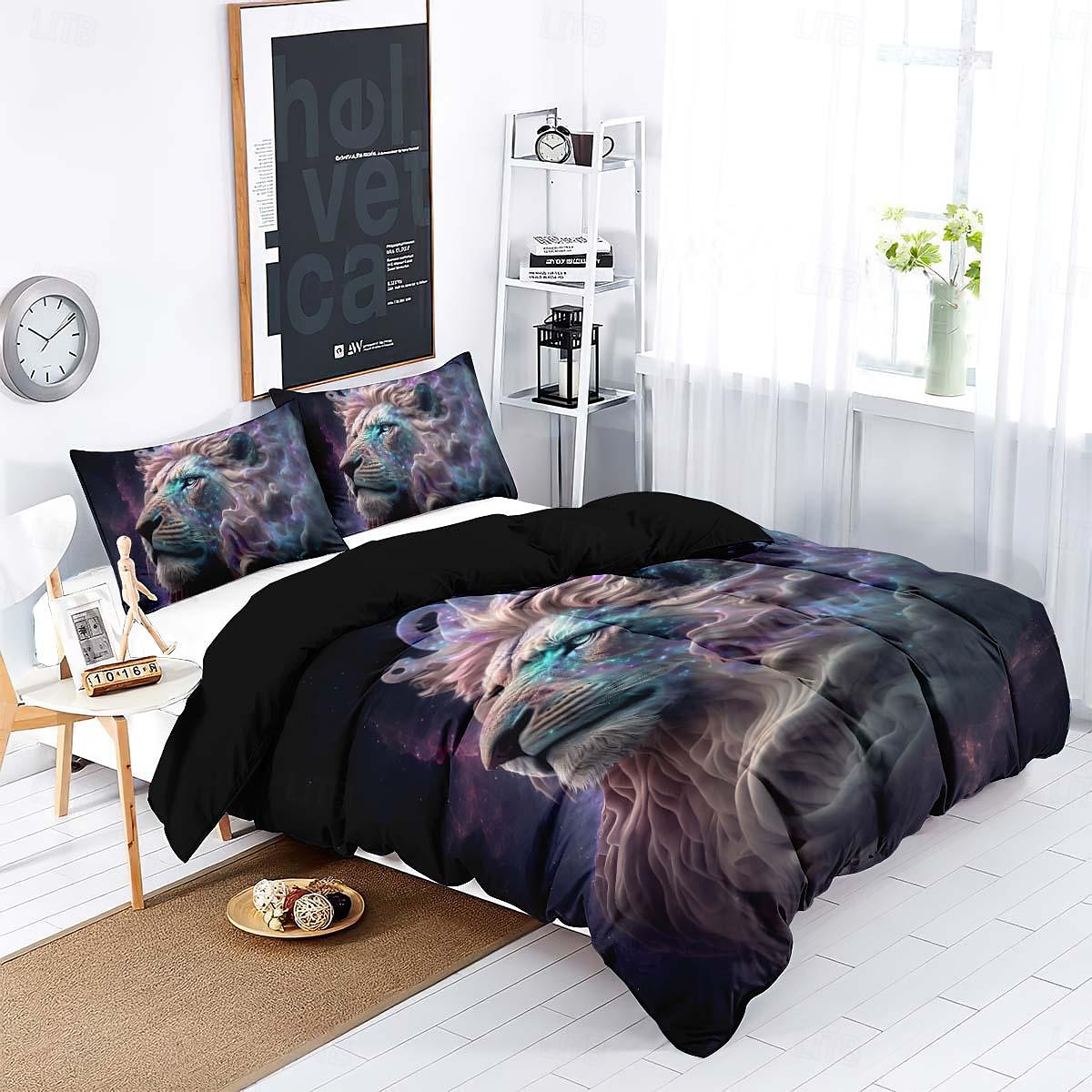 kleurrijke neon leeuwenkop 3-delige donzen dekbedovertrekset voor hotelslaapkamer gastenkamers bdding comfortset 2025 - $45.99 –P14
