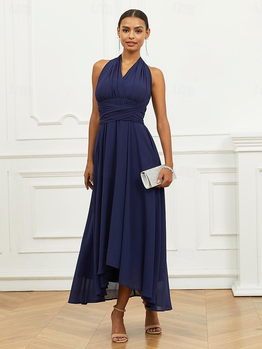 Robe Trapèze Femme Robe mi-longue Ruché Ceinturé robe demoiselle d honneur Soirée Cocktail Elégant Grande occasion Une Epaule Sans Manches Ample bleu marine S M L XL 2XL de 2025 ? $63.99 –P21
