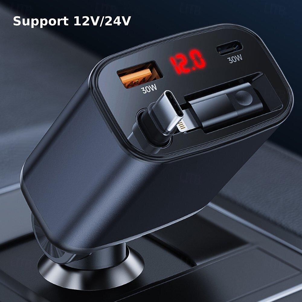 einziehbarer Autoladeadapter mit Typ-C-Kabel Lightning 2 USB-Anschlüsse Autoadapter mit Spannungsanzeige PD 45 W 2025 - $38.99 –P6