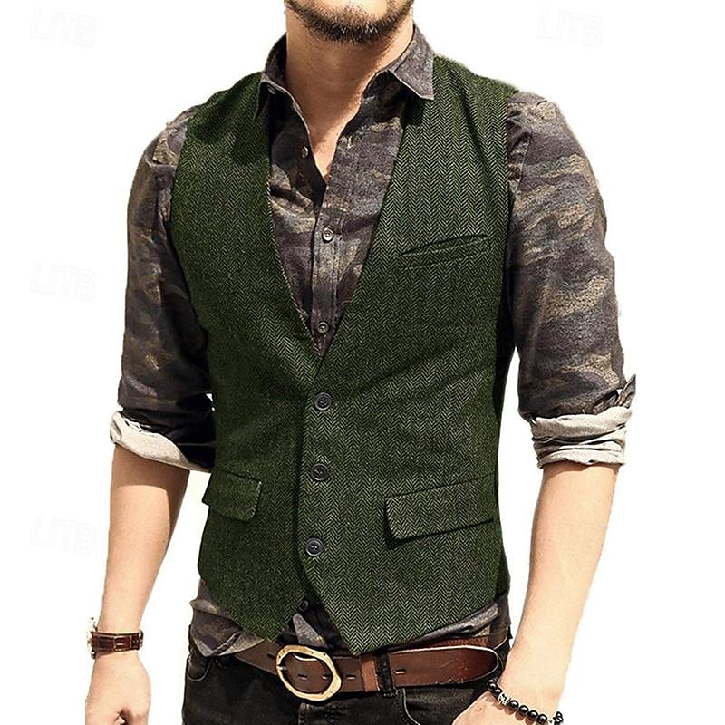 Voor heren Vest Bruiloft Evenement / Feest Dagelijks Modieus Zakelijk Lente zomer nappi Zak Polyester Comfortabel Effen Kleur Enkele knoopsluiting één knoop V-hals Normale pasvorm Zilver Donker Bruin 2025 - $38.99 –P6
