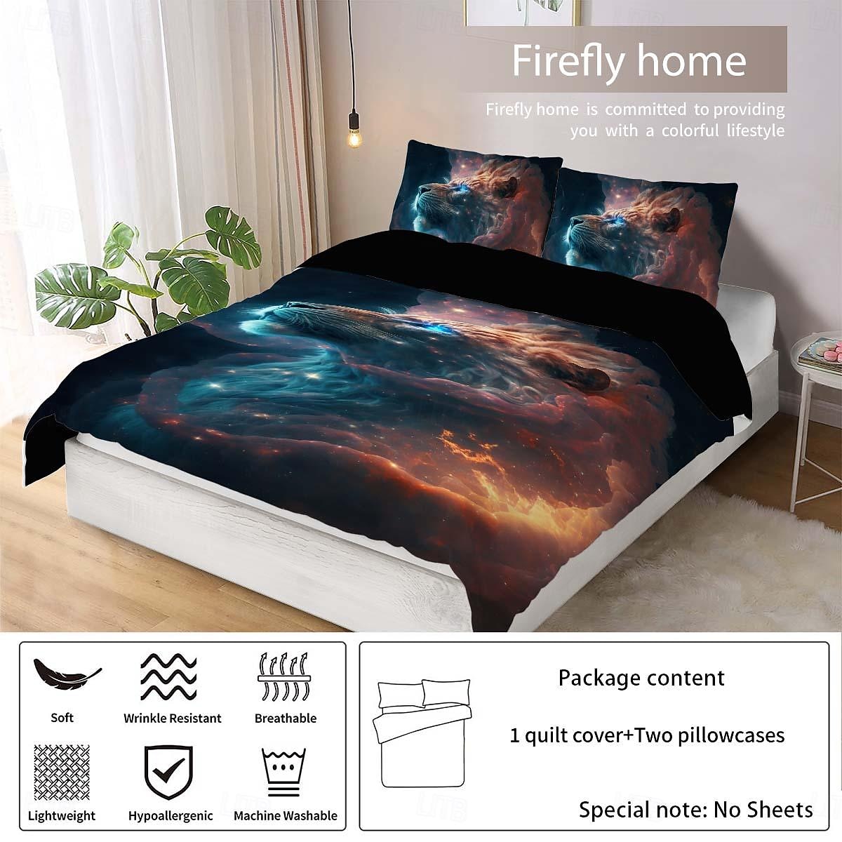 kleurrijke neon leeuwenkop 3-delige donzen dekbedovertrekset voor hotelslaapkamer gastenkamers bdding comfortset 2025 - $45.99 –P12
