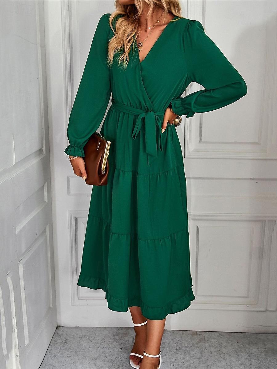 Damen Casual kleid Maxidress mit Schnürung Rüsche Verabredung Urlaub Elegant Strassenmode V Ausschnitt Langarm Schwarz Rosa Dunkelgrün Farbe 2025 - $39.99 –P7