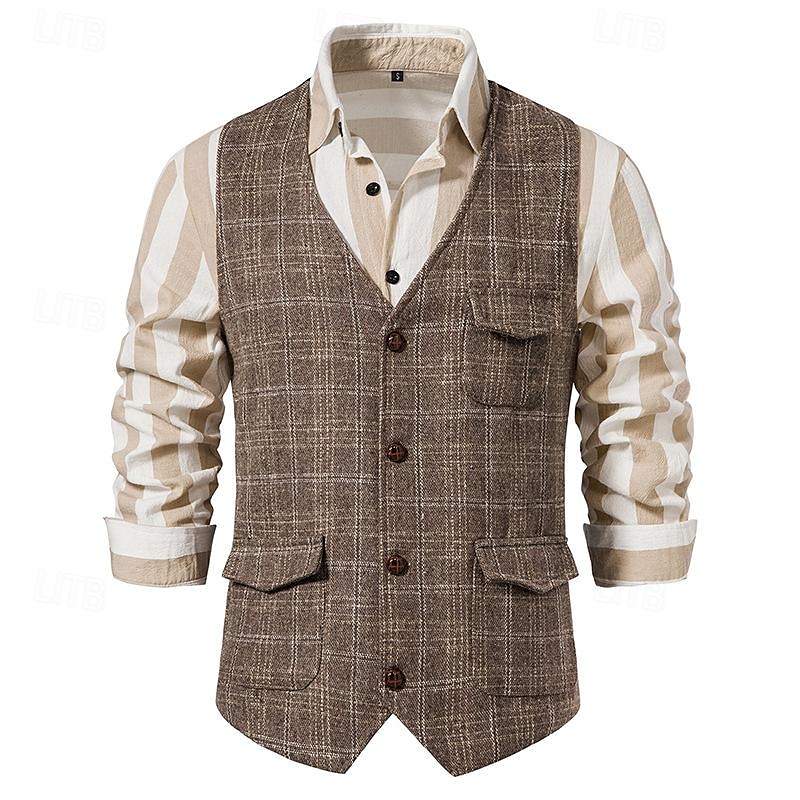 Men's Vest Gilet Wedding Event / Party Daily Fashion Business Spring & Summer Button Pocket Polyester Comfortable Plaid Double Breasted Lapel Regular Fit Light Grey Dark Gray Coffee Vest 2025 - GBP £31.35 –P3