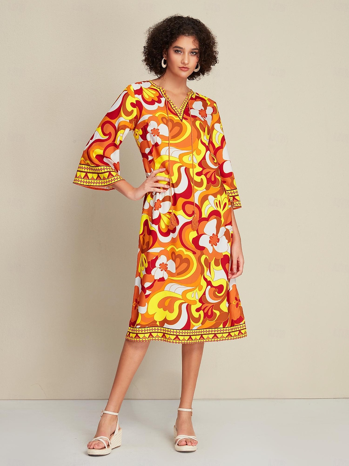 Abito midi con scollo a V e maniche a 3/4 con cravatta in raso sul davanti del 2026 a $20.69 –P1