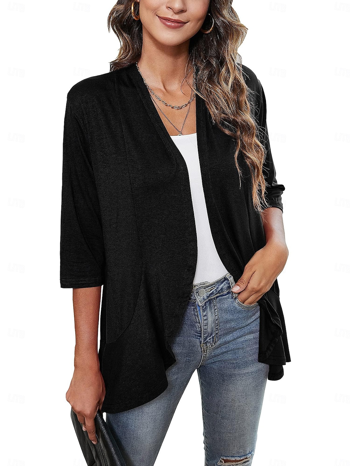 Women's Blouse Ruffle Cardigan Work Elegant Stylish Modern 3/4 Length Sleeve Black Summer Spring 2026 - $29.99 –P8