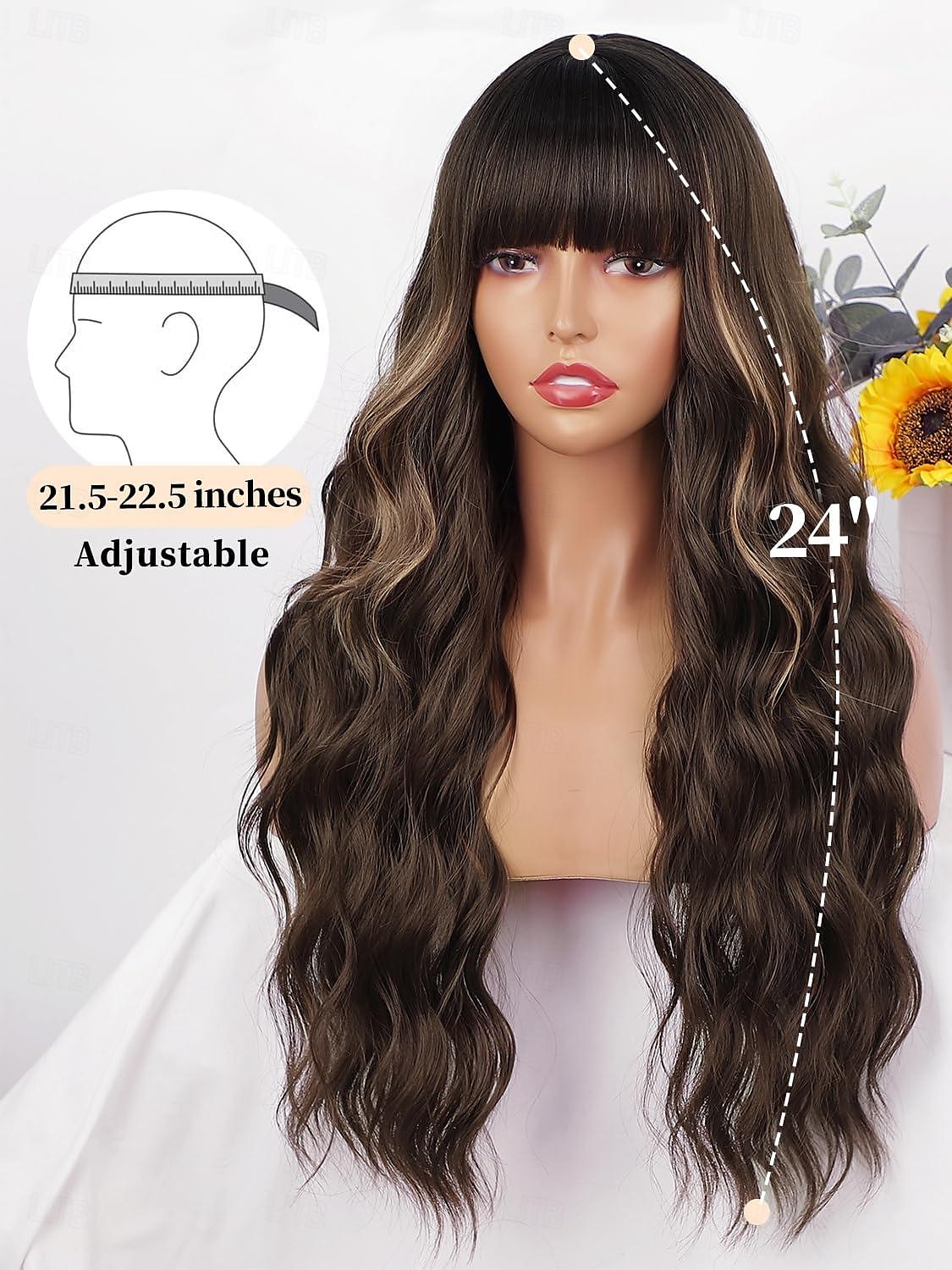 peruca marrom com franja para mulheres peruca de cabelo longo ondulado peruca marrom com mechas perucas sintéticas onduladas e cacheadas para meninas uso diário em festas perucas de carnaval de 2025 por $17.99 –P2