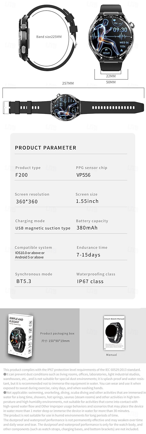 696 F200 Smart Watch 1.55 inch Smart Band Fitness Bracelet Bluetooth Pedometer Call Reminder Sleep Tracker Compatible with Samsung Men Hands-Free Calls Message Reminder IP 67 46mm Watch Case 2025 - $81.99 –P19