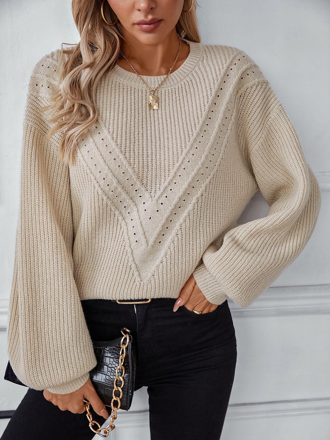 Damen Pullover Stilvoll Feste Farbe Gerippt Rundhalsausschnitt Strick Laternenärmel Langarm Lange Oberteile Stricken Arbeit Täglich Weiß Beige Herbst Winter 2025 - $51.99 –P1