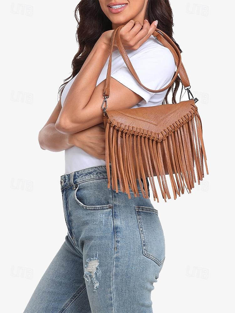 dámská hnědá třásňová crossbody kabelka s nastavitelným popruhem pro boho chic styl 2025 - $26.99 –P4