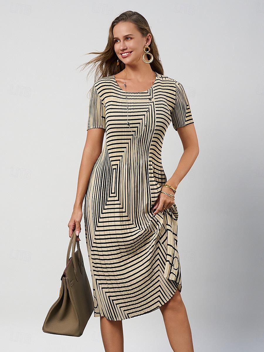 Dame Midikjole Skiftkjole Elegant Fritid Arbeid Daglig Løstsittende Stripe Kortermet Crew-hals Svart Kakifarget Sommer 2025 - $39.99 –P10