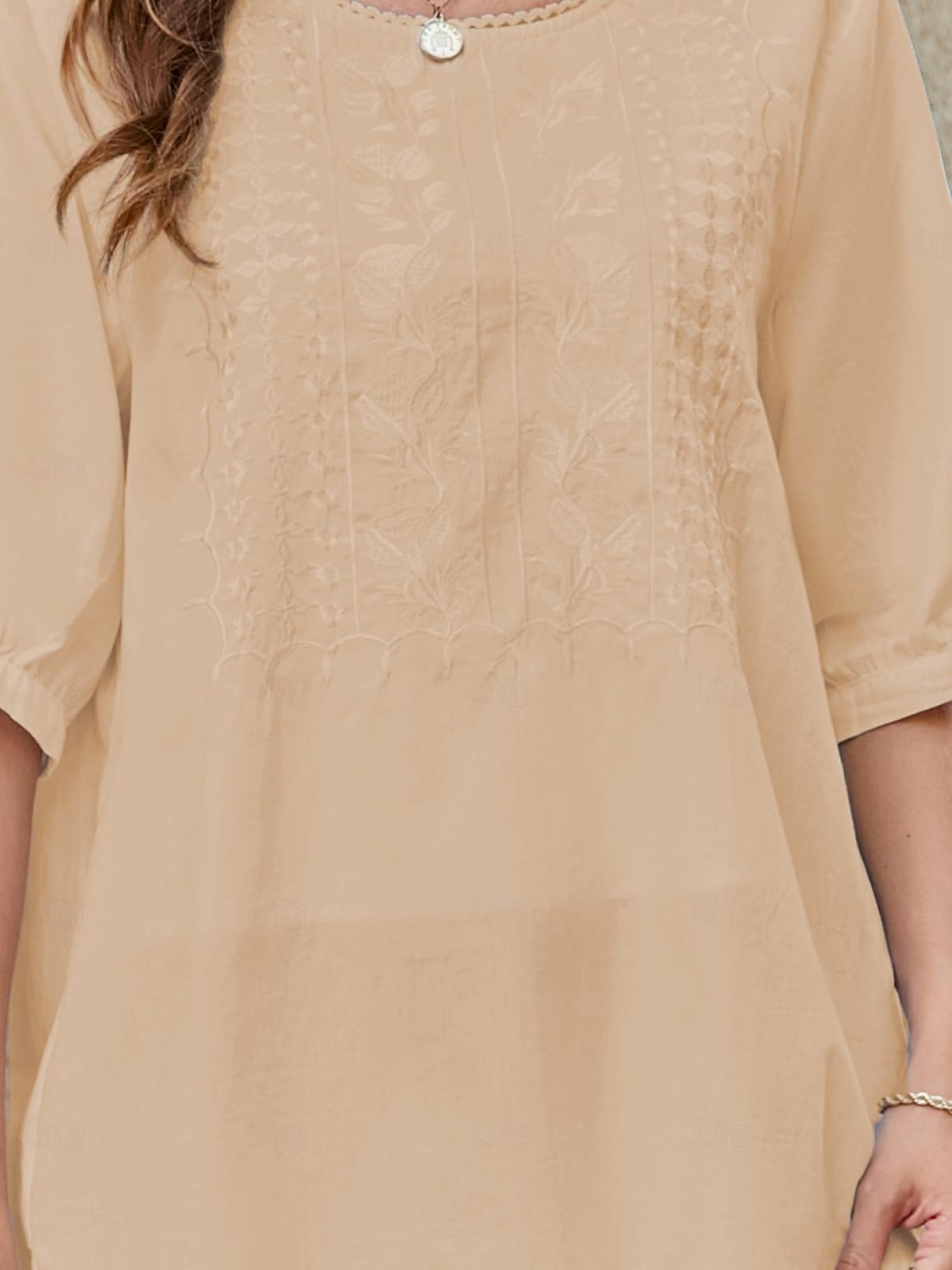 Femmes Chemise Chemises inspirées du lin Couleur Unie Fleuri Occasionnel Boho Manche 3/4 Manches au coude Col ras du cou Hauts Réguliers Vacances Soirée Quotidien Broderie Blanche Jaune Kaki Automne de 2025 ? $32.99 –P6
