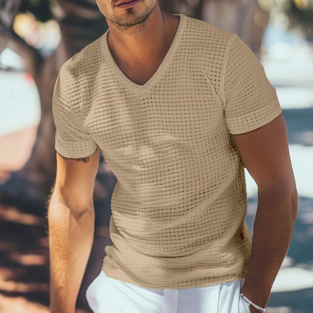 Herre Vaffel Henley-skjorte T-skjorte Kortermet V-hals Sommer Helfarge Mote Designer Bekvem Knapper utendørs Avslappet Daglig Hvit Kakifarget Topp T-skjorte for menn 2025 - $17.99 –P2