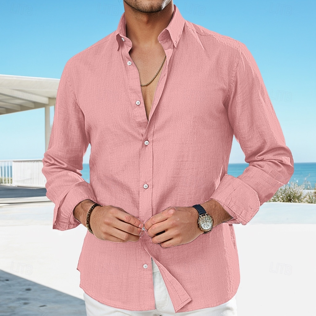 Pánské Lněná košile Letní košile Oblečení na pláž Košile pro volný čas Košile na knoflíky Bez vzoru Ležérní Denní Černá Bílá Královská modř Khaki Dlouhý rukáv Klopa Jaro léto Oblečení 2026 - $26.99 –P13