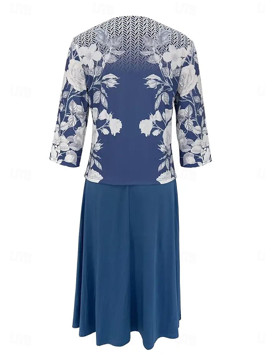 Women's Mini Dress Elegant Skirt Sets Skirt 3/4 Length Sleeve Crew Neck Floral Print Wedding Guest Daily Blue Summer Loose Fit 2025 - $36.99 –P3