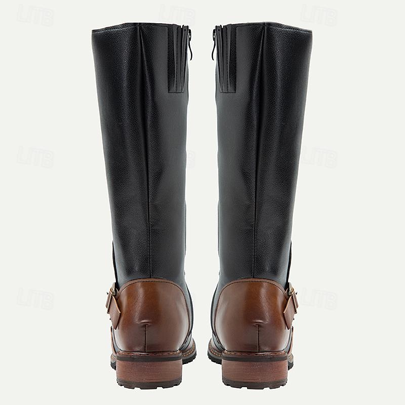 Men's Vintage Black and Brown Leather Riding Boots - Retro Knee-High Boots with Buckle Detail for Casual and Outdoor Wear 2025 - $69.99 –P5