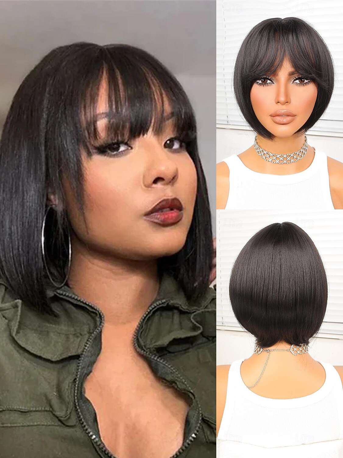Synthetische Perücken Natürlich gerade Bob Bubikopf Gerader Pony Perücke 10 Zoll Schwarz Synthetische Haare Damen Schwarz 2025 - $17.99 –P1