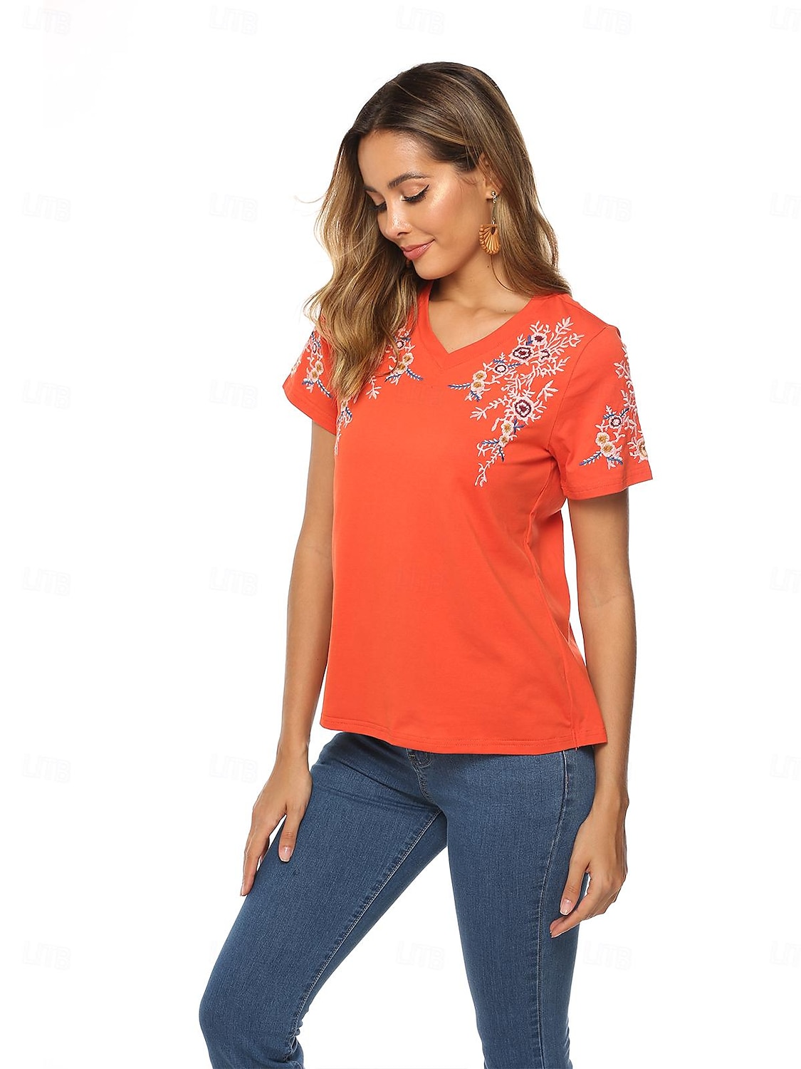 Thanksgiving Day Dame Boho T-skjorte Blomstret Bohem Fritid Kortermet Lanterne Erme V-hals Lange topper Daglig Ut på byen Helg Gul Oransje Vår 2025 - $18.99 –P4