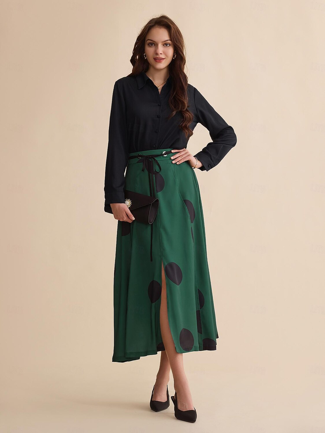 Saia maxi de cetim com bolinhas peplum com cinto e pontas duplas de 2025 por $48.99 –P7