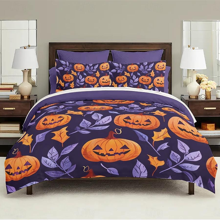 set copripiumino zucca autunnale di Halloween - include copripiumino e federe - design festoso e accogliente - tessuto morbido e confortevole - perfetto per Halloween e decorazioni autunnali per la casa del 2025 a $41.99 –P3
