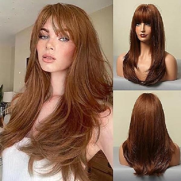 perucas loiras ombre para mulheres raiz escura longa reta em camadas peruca com franja fibra resistente ao calor perucas sintéticas perucas de carnaval de aparência natural diária de 2025 por GBP £13 –P3