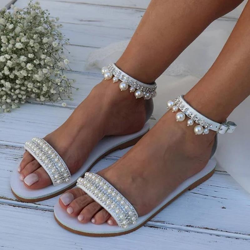 Női Esküvői cipők Bling Bling cipők Csillogó cipő Csillogó szandálok Menyasszonyi cipők Strasszkő Hamis gyöngy Lapos Lábujj nélküli Műbőr Bokapánt Fehér 2025 - $59.99 –P2