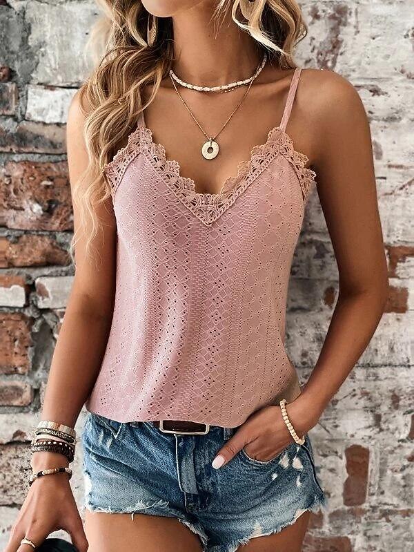 Camiseta regata feminina branca amarela rosa lisa com corte de renda moda de rua ajuste regular S de 2025 por $21.99 –P3