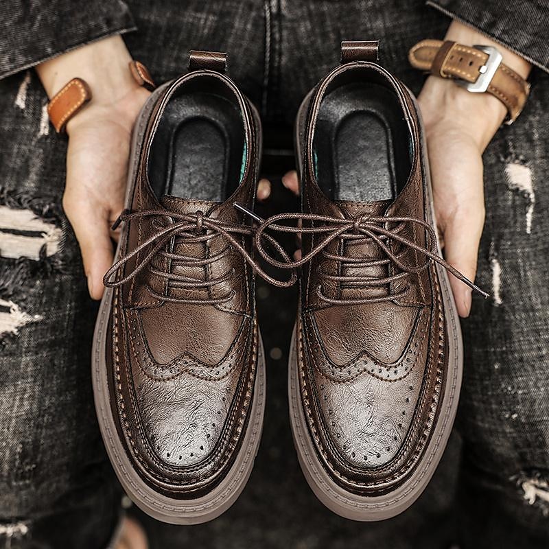 sapatos masculinos de couro marrom brogue oxford - sapatos elegantes e duráveis com cadarços e sola robusta para uso formal e casual de 2025 por $54.99 –P1