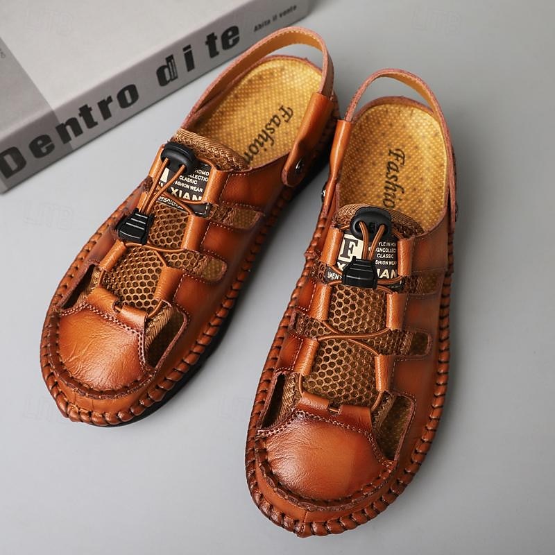 sandálias masculinas de pescador de couro sintético marrom para atividades ao ar livre – calçados casuais respiráveis com tira ajustável para caminhadas e caminhadas no verão de 2025 por $49.99 -P1