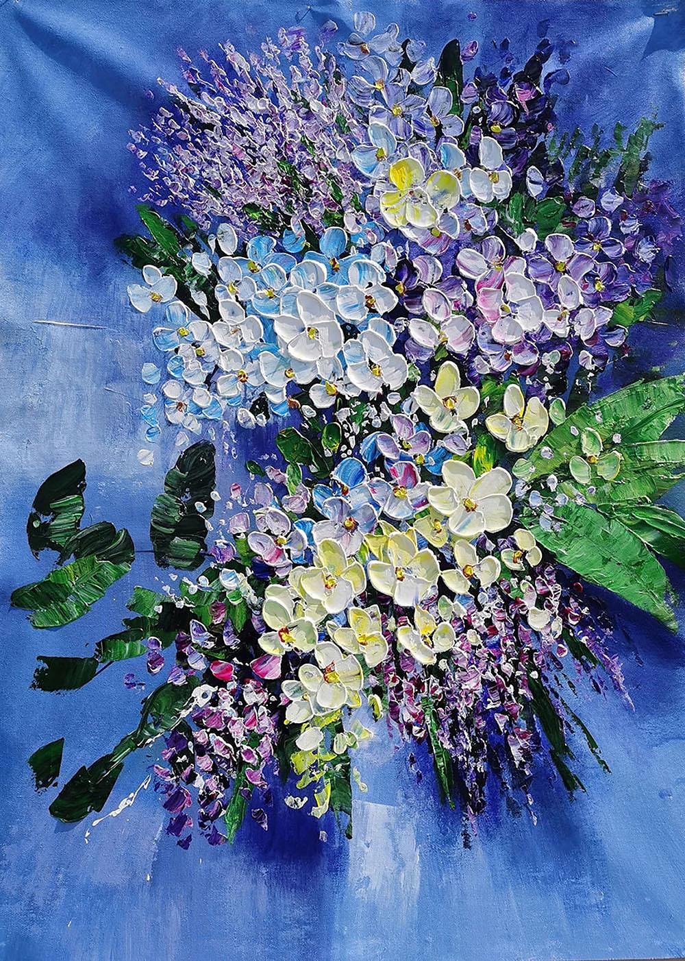 Large original art blooming orchid flower oil painting Abstract Blue ...