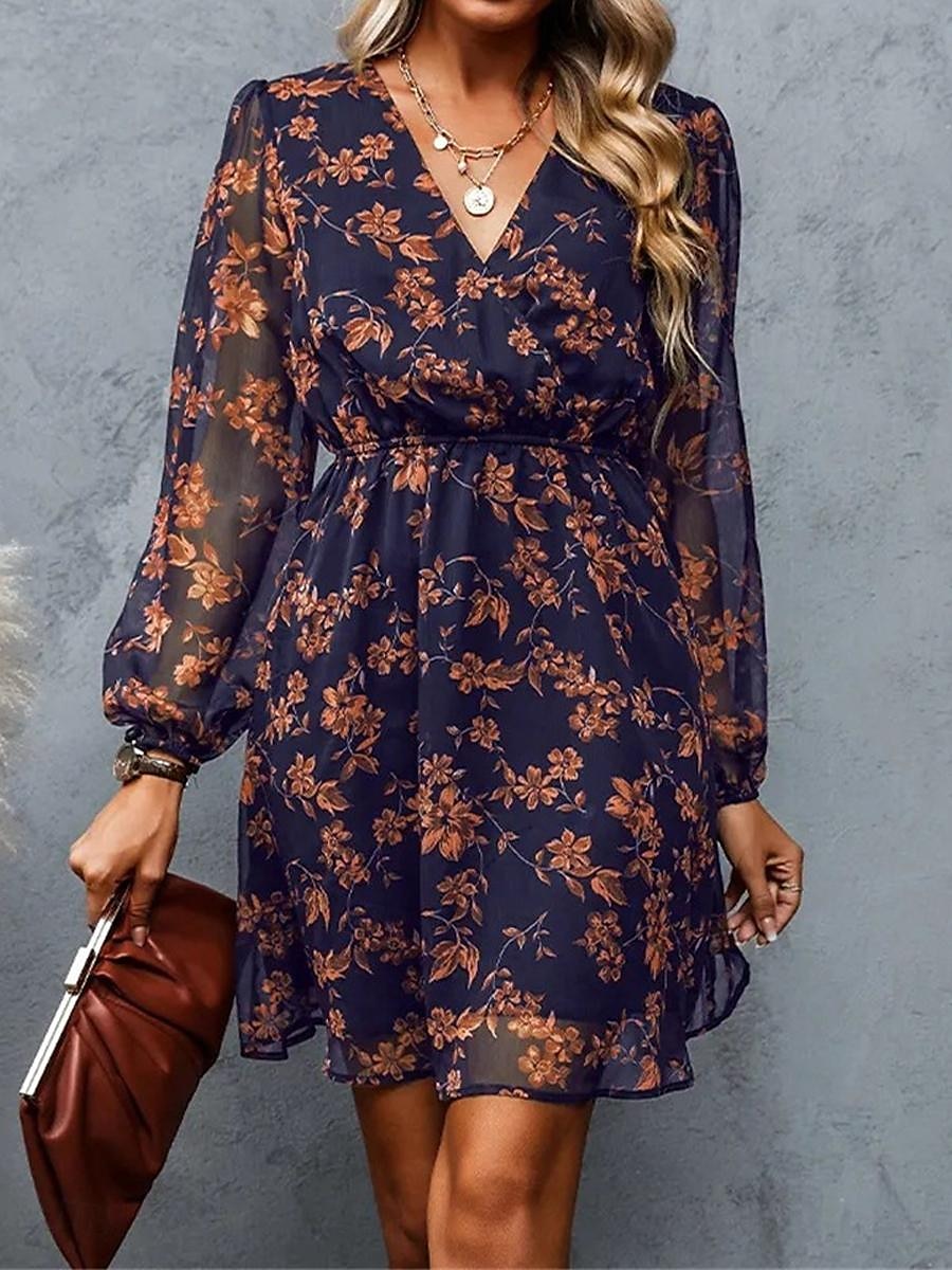 Damen Freizeitkleid formelles Kleid Blumendruck V-Ausschnitt Minikleid stilvoll lässig täglich Date Langarm Sommer 2025 - $33.99 –P17