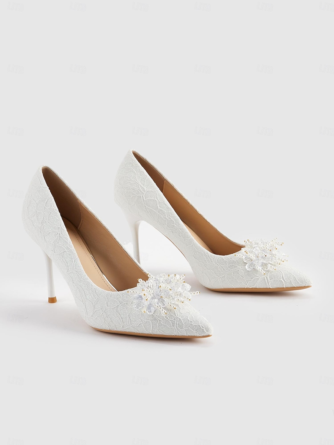 kvinners elegante hvite blonder høyhælte pumps med perler av blomsterapplikasjoner for bryllup og formelle arrangementer 2025 - $59.99 –P1