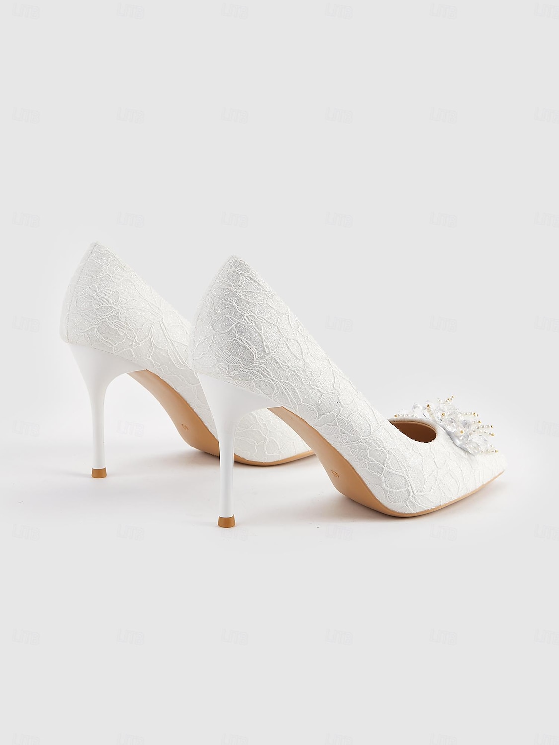 kvinners elegante hvite blonder høyhælte pumps med perler av blomsterapplikasjoner for bryllup og formelle arrangementer 2025 - $59.99 –P4
