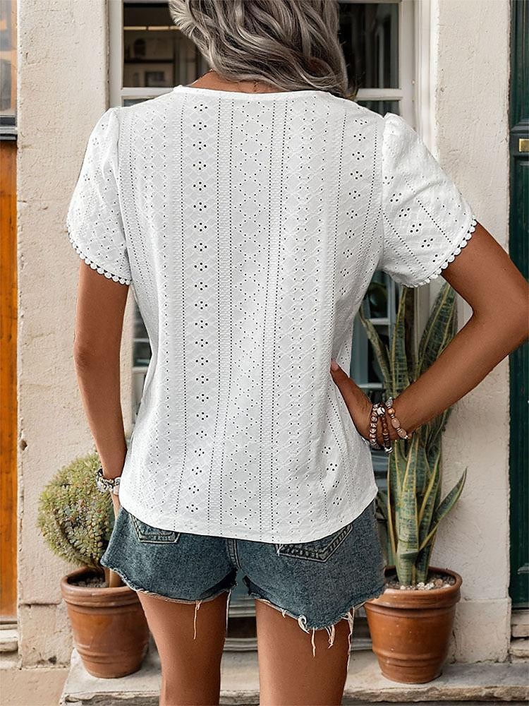Per donna Camicia Blusa Tinta unica Elegante Moda Essenziale Manica corta A V Top regolari Giornaliero Pizzo Bianco Estate Primavera del 2025 a $29.99 –P4