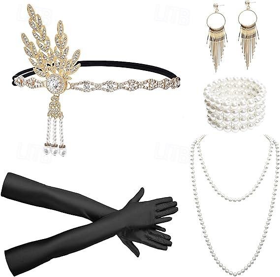 Szüret 1920-as évek A nagy Gatsby Flapper fejpánt Kiegészítő készlet Charleston Esküvői Vendég Divat Jelmez Női Álarcos mulatság Esküvői fogadás Lánybúcsú Fesztivál Felnőttek Karkötő Kesztyűk 2026 - $22.99 –P1