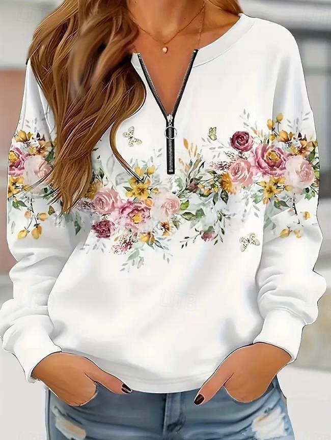 felpa con zip da donna floreale abbigliamento quotidiano sportivo cerniera a un quarto basic casual girocollo manica lunga top microelastico autunno&tessuto morbido traspirante invernale del 2025 a $27.99 –P1