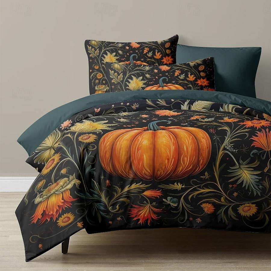 set copripiumino zucca autunnale di Halloween - include copripiumino e federe - design festoso e accogliente - tessuto morbido e confortevole - perfetto per Halloween e decorazioni autunnali per la casa del 2025 a $41.99 –P1