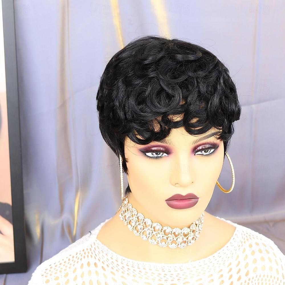 Натуральные волосы Парик Короткие Кудрявый Стрижка под мальчика Природа Черный Регулируется Природные волосы Для темнокожих женщин Машинное плетение Без шапочки-основы Бразильские волосы Жен. Черный 2026 - $47.99 –P4