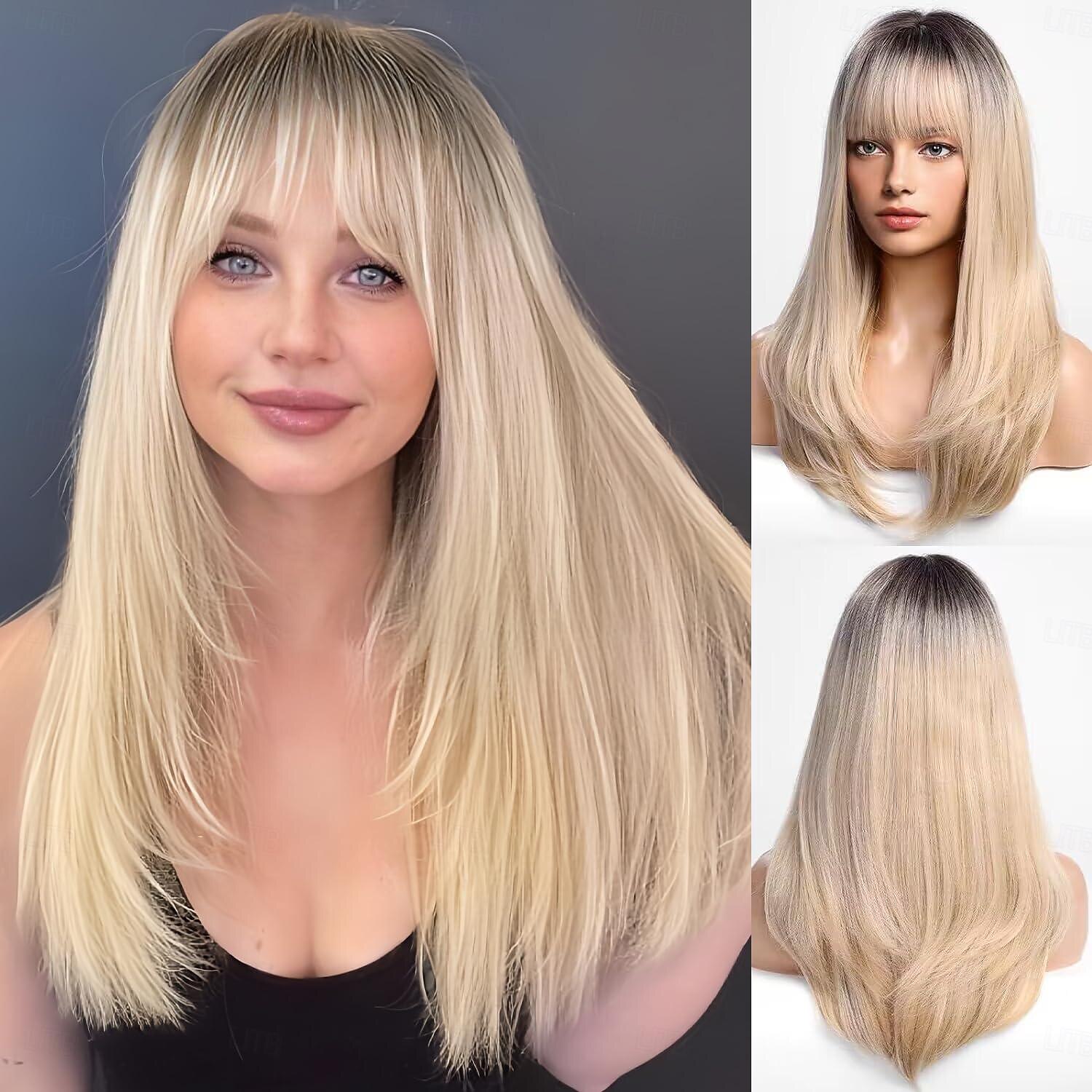 perucas loiras ombre para mulheres raiz escura longa reta em camadas peruca com franja fibra resistente ao calor perucas sintéticas perucas de carnaval de aparência natural diária de 2025 por GBP £13 –P1