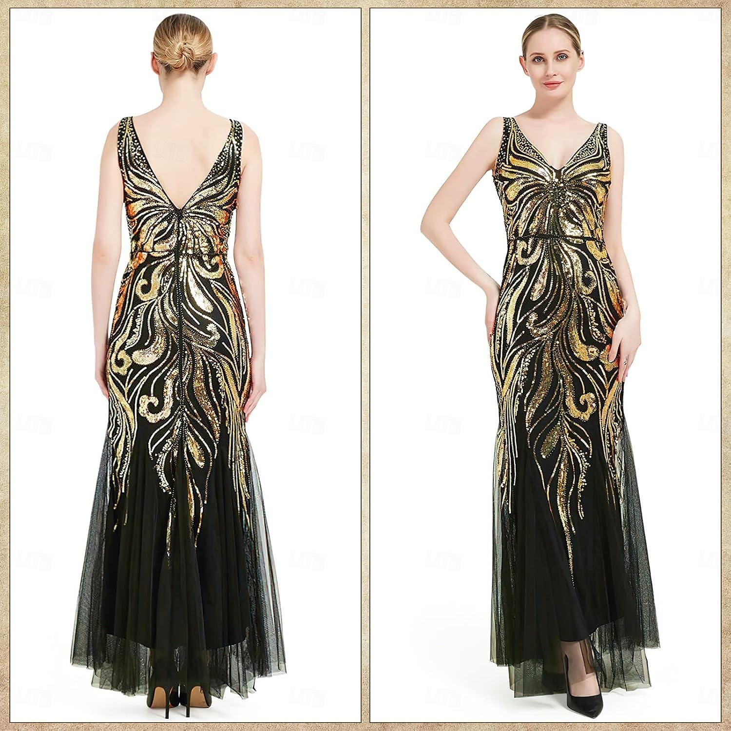 Set Anni Ruggenti Anni 1920 Lunghezza alla caviglia Vestito Abito da sera Abiti con accessori Senza maniche Il grande Gatsby Charleston Invitato al matrimonio Paillettes Piuma Scollo a V Costume Per del 2026 a $83.99 –P5