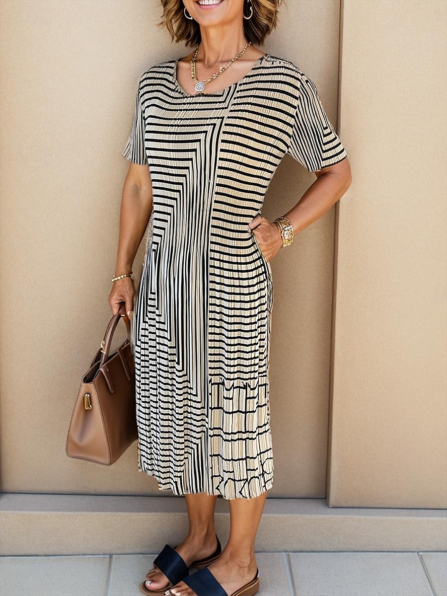 Dame Midikjole Skiftkjole Elegant Fritid Arbeid Daglig Løstsittende Stripe Kortermet Crew-hals Svart Kakifarget Sommer 2025 - $39.99 –P2