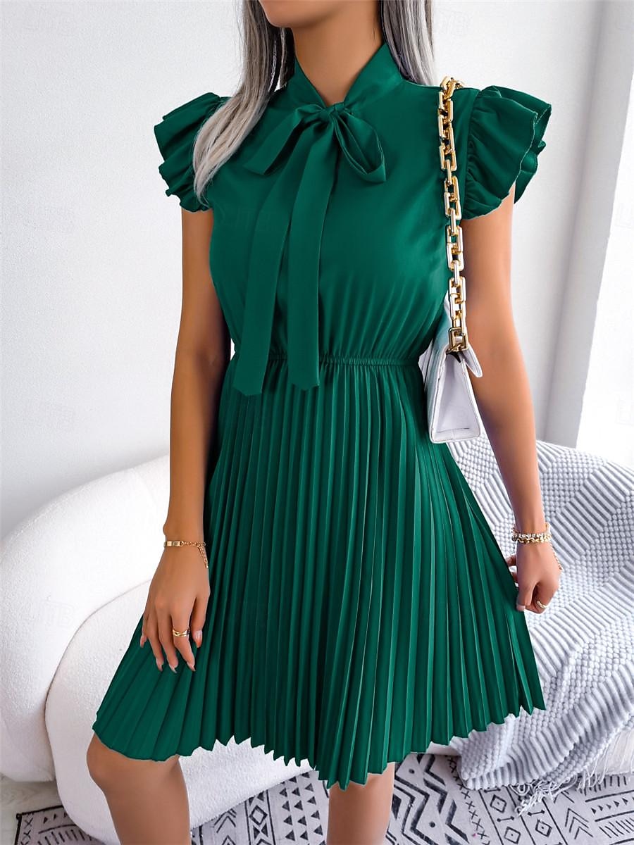 Dames Zwarte jurk Mini-jurk Chiffon Veters Ruche Afspraakje Vakantie Streetwear Basic Opstaand Mouwloos Zwart Wijn Paars Kleur 2025 - $26.99 -P16