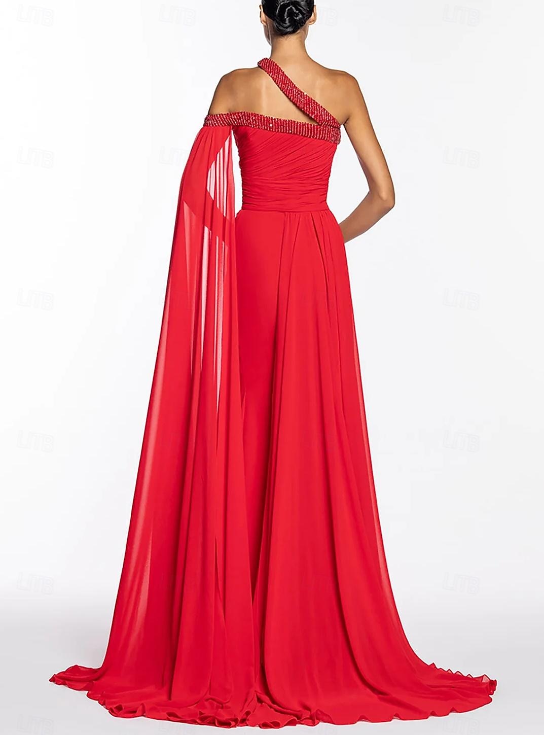 Abito da Sera A-Line Elegante Formale Lunghezza a Terra Senza Maniche Spalla Unica in Chiffon con Strass del 2025 a $181.99 –P3