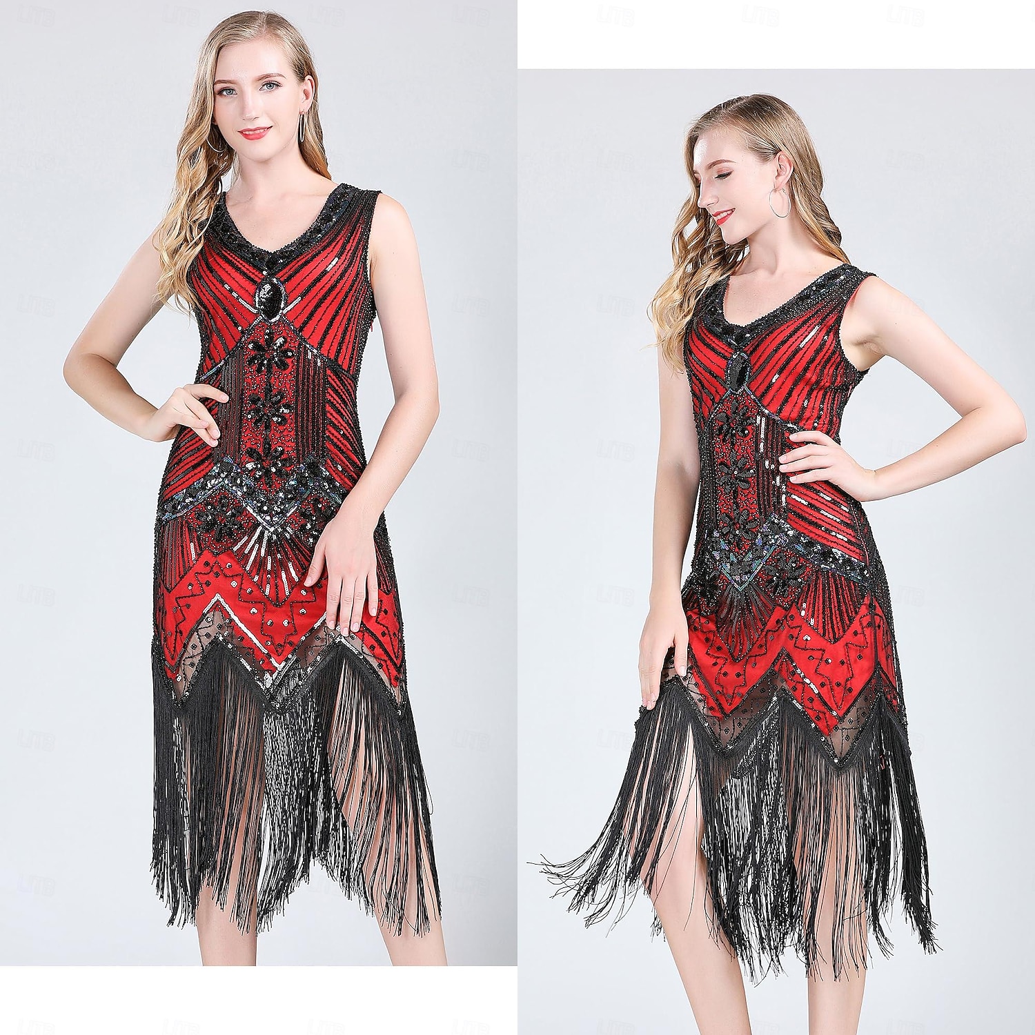 Set Anni Ruggenti Anni 1920 Lunghezza al ginocchio Vestito Abito Flapper Abiti con accessori Senza maniche Il grande Gatsby Charleston Invitato al matrimonio Paillettes Frangia con nappe Piuma Scollo del 2026 a $77.99 –P10